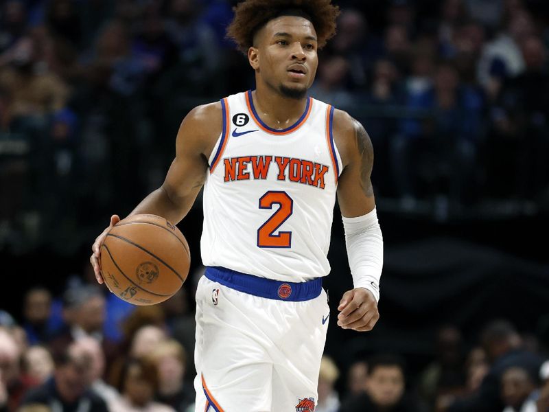 DALLAS, TEXAS - DECEMBER 27:  Miles McBride #2 of the New York Knicks dribbles the ball up court in the first half against the Dallas Mavericks at American Airlines Center on December 27, 2022 in Dallas, Texas. NOTE TO USER: User expressly acknowledges and agrees that, by downloading and or using this photograph, User is consenting to the terms and conditions of the Getty Images License Agreement.  (Photo by Tim Heitman/Getty Images)