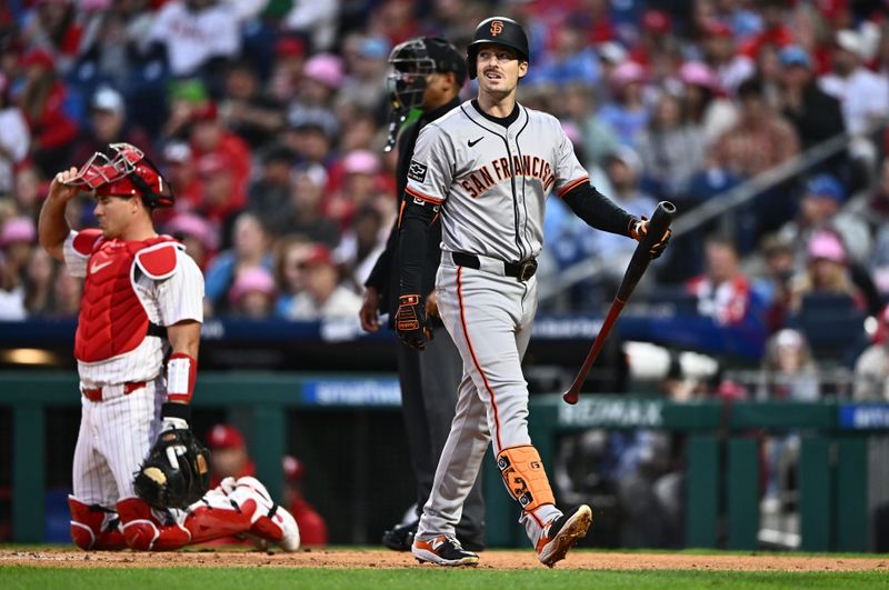 May 5, 2024; Philadelphia, Pennsylvania, USA; San Francisco Giants outfielder Mike Yastrzemski (5) reacts after striking out against the Philadelphia Phillies in the second inning at Citizens Bank Park. Mandatory Credit: Kyle Ross-USA TODAY Sports