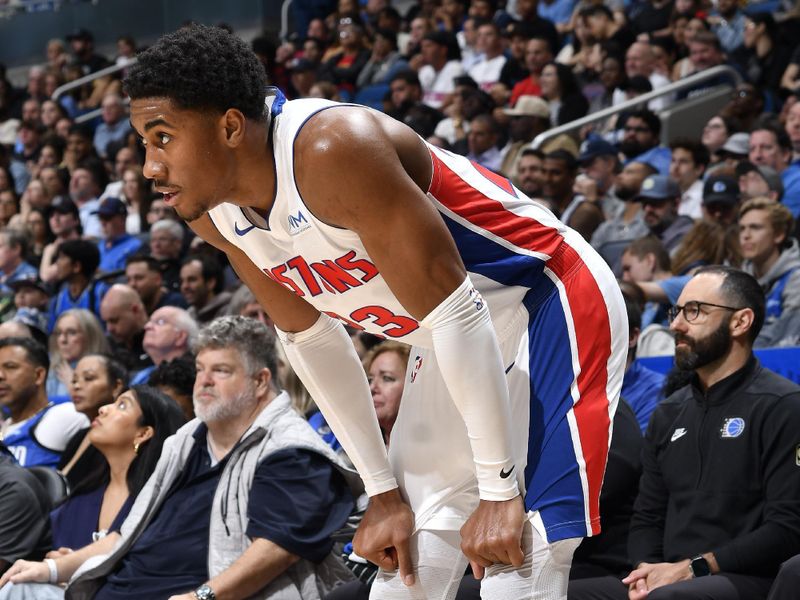 ORLANDO, FL - MARCH 3: Jaden Ivey #23 of the Detroit Pistons looks on during the game against the Orlando Magic on March 3, 2024 at the Kia Center in Orlando, Florida. NOTE TO USER: User expressly acknowledges and agrees that, by downloading and or using this photograph, User is consenting to the terms and conditions of the Getty Images License Agreement. Mandatory Copyright Notice: Copyright 2024 NBAE (Photo by Fernando Medina/NBAE via Getty Images)