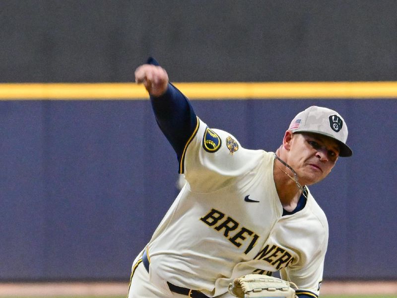 May 17, 2025; Milwaukee, Wisconsin, USA;  Milwaukee Brewers starting pitcher Tobias Myers (36) throws a pitch in the first inning against the Minnesota Twins at American Family Field. Mandatory Credit: Benny Sieu-Imagn Images