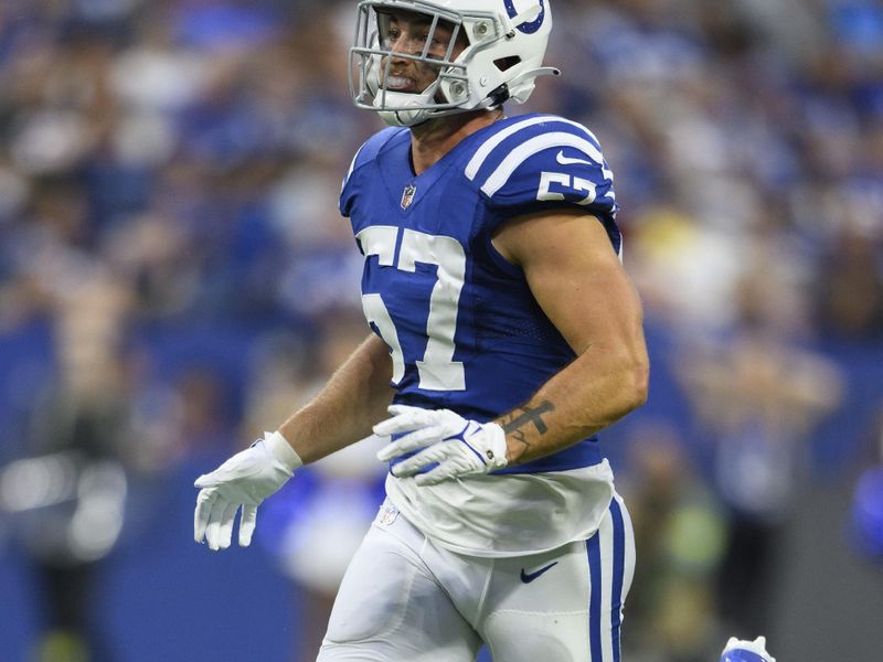 Indianapolis Colts linebacker JoJo Domann (57) sprints down the field during an NFL football game against the Tampa Bay Buccaneers, Saturday, Aug. 27, 2022, in Indianapolis. (AP Photo/Zach Bolinger)