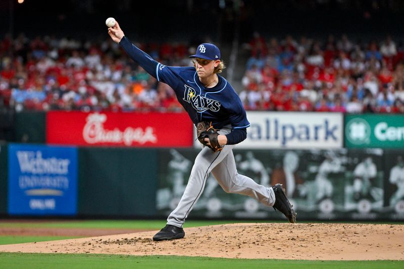 Aug 8, 2024; St. Louis, Missouri, USA;  Tampa Bay Rays starting pitcher Shane Baz (11) pitches against the St. Louis Cardinals during the second inning at Busch Stadium. Mandatory Credit: Jeff Curry-USA TODAY Sports