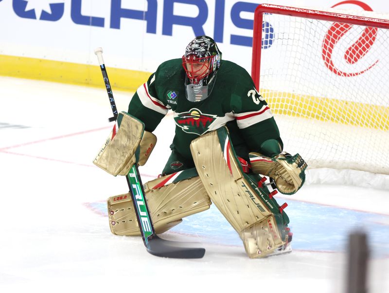 Sep 25, 2022; Saint Paul, Minnesota, USA; Minnesota Wild goaltender Marc-Andre Fleury (29) warms up prior to the game between the Minnesota Wild and the Colorado Avalanche at Xcel Energy Center. Mandatory Credit: Bruce Fedyck-USA TODAY Sports