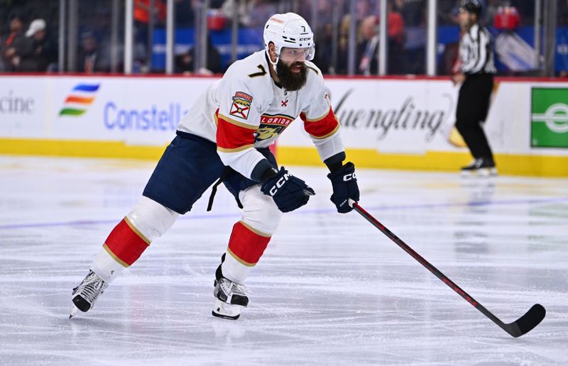 Mar 21, 2023; Philadelphia, Pennsylvania, USA; Florida Panthers defenseman Radko Gudas (7) skates against the Philadelphia Flyers in the third period at Wells Fargo Center. Mandatory Credit: Kyle Ross-USA TODAY Sports