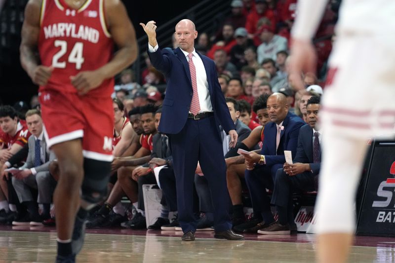 Feb 20, 2024; Madison, Wisconsin, USA; Maryland head coach Kevin Willard motions to his players during the first half against the Wisconsin Badgers at the Kohl Center. Mandatory Credit: Kayla Wolf-USA TODAY Sports