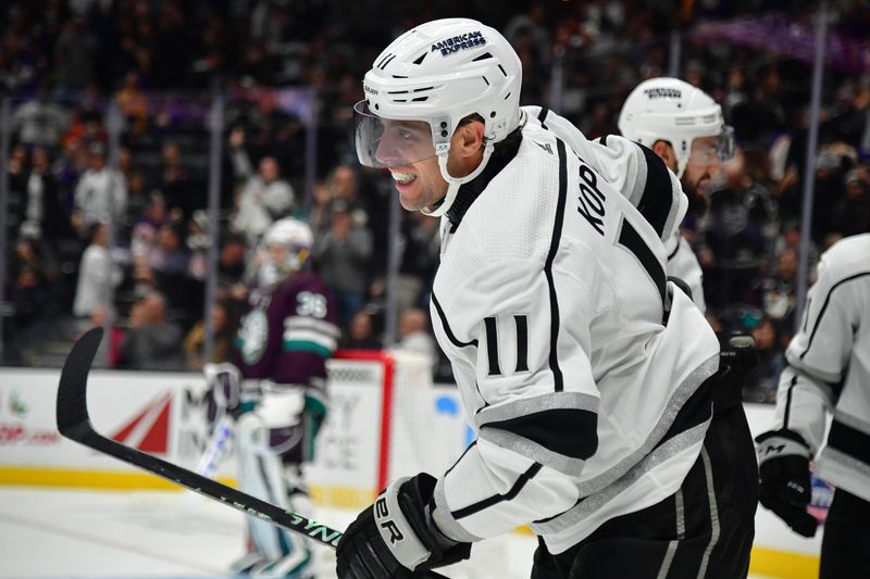 Nov 24, 2023; Anaheim, California, USA; Los Angeles Kings center Anze Kopitar (11) celebrates his goal scored against the Anaheim Ducks during the third period at Honda Center. Mandatory Credit: Gary A. Vasquez-USA TODAY Sports