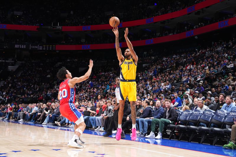 PHILADELPHIA, PA - DECEMBER 13: Obi Toppin #1 of the Indiana Pacers shoots a three point basket during the game  against the Philadelphia 76ers on December 13, 2024 at the Wells Fargo Center in Philadelphia, Pennsylvania NOTE TO USER: User expressly acknowledges and agrees that, by downloading and/or using this Photograph, user is consenting to the terms and conditions of the Getty Images License Agreement. Mandatory Copyright Notice: Copyright 2024 NBAE (Photo by Jesse D. Garrabrant/NBAE via Getty Images)