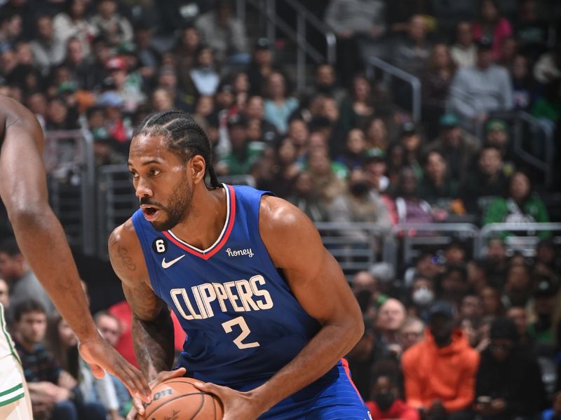 LOS ANGELES, CA - DECEMBER 12: Kawhi Leonard #2 of the LA Clippers dribbles the ball during the game against the Boston Celtics on December 12, 2022 at Crypto.Com Arena in Los Angeles, California. NOTE TO USER: User expressly acknowledges and agrees that, by downloading and/or using this Photograph, user is consenting to the terms and conditions of the Getty Images License Agreement. Mandatory Copyright Notice: Copyright 2022 NBAE (Photo by Andrew D. Bernstein/NBAE via Getty Images)