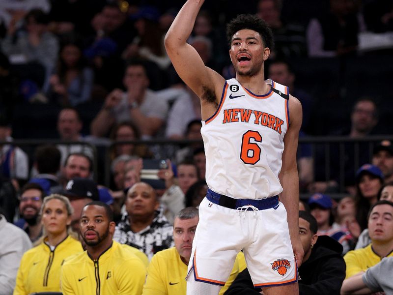 NEW YORK, NEW YORK - APRIL 09: Quentin Grimes #6 of the New York Knicks celebrates his three point shot in the second half against the Indiana Pacers  at Madison Square Garden on April 09, 2023 in New York City. NOTE TO USER: User expressly acknowledges and agrees that, by downloading and or using this photograph, User is consenting to the terms and conditions of the Getty Images License Agreement. (Photo by Elsa/Getty Images)