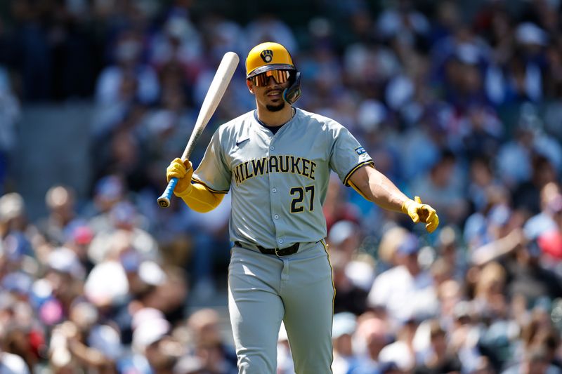 May 3, 2024; Chicago, Illinois, USA; Milwaukee Brewers shortstop Willy Adames (27) reacts after striking out against the Chicago Cubs during the fourth inning at Wrigley Field. Mandatory Credit: Kamil Krzaczynski-USA TODAY Sports