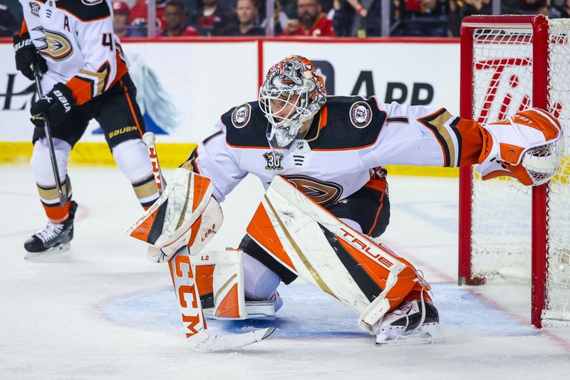 Apr 2, 2024; Calgary, Alberta, CAN; Anaheim Ducks goaltender Lukas Dostal (1) guards his net against the Calgary Flames during the third period at Scotiabank Saddledome. Mandatory Credit: Sergei Belski-USA TODAY Sports