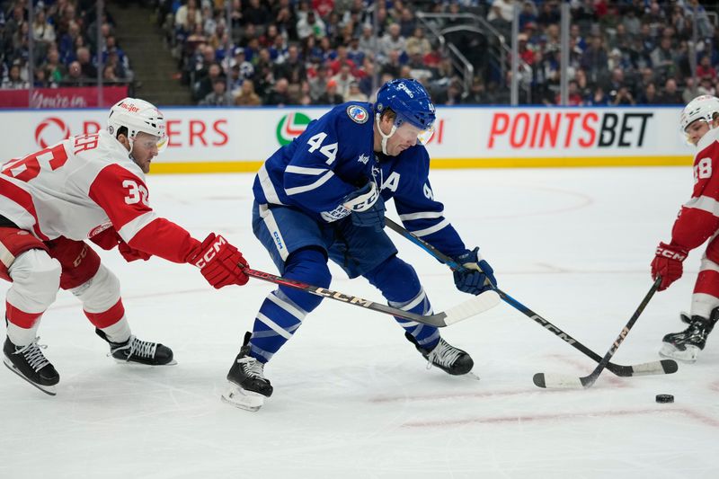 Nov 8, 2024; Toronto, Ontario, CAN; Toronto Maple Leafs defenceman Morgan Rielly (44) tries to control the puck against Detroit Red Wings forward Christian Fischer (36) during the second period at Scotiabank Arena. Mandatory Credit: John E. Sokolowski-Imagn Images