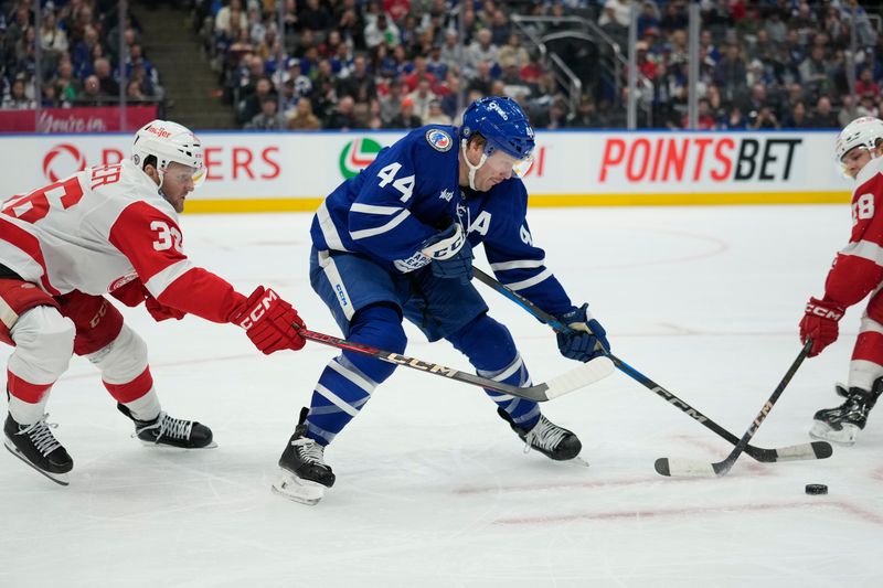 Nov 8, 2024; Toronto, Ontario, CAN; Toronto Maple Leafs defenceman Morgan Rielly (44) tries to control the puck against Detroit Red Wings forward Christian Fischer (36) during the second period at Scotiabank Arena. Mandatory Credit: John E. Sokolowski-Imagn Images