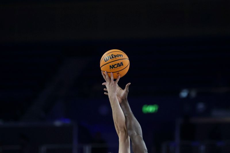 Jan 3, 2024; Los Angeles, California, USA; UCLA Bruins and the Stanford Cardinal tip off the ball in the first half of a game at Pauley Pavilion presented by Wescom. Mandatory Credit: Yannick Peterhans-USA TODAY Sports