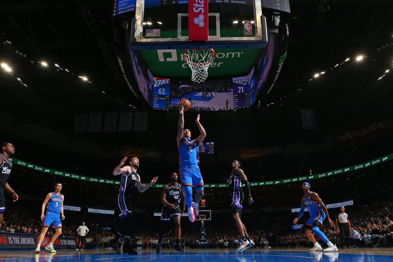 OKLAHOMA CITY, OK - APRIL 9: Jaylin Williams #6 of the Oklahoma City Thunder shoots the ball during the game against the Sacramento Kings  on April 9, 2024 at Paycom Arena in Oklahoma City, Oklahoma. NOTE TO USER: User expressly acknowledges and agrees that, by downloading and or using this photograph, User is consenting to the terms and conditions of the Getty Images License Agreement. Mandatory Copyright Notice: Copyright 2024 NBAE (Photo by Zach Beeker/NBAE via Getty Images)