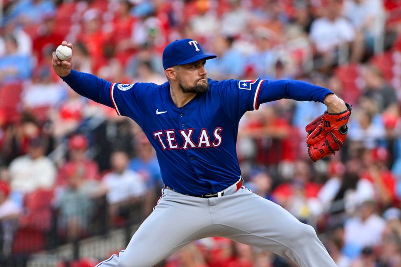 Jul 29, 2024; St. Louis, Missouri, USA;  Texas Rangers starting pitcher Nathan Eovaldi (17) pitches against the St. Louis Cardinals during the first inning at Busch Stadium. Mandatory Credit: Jeff Curry-USA TODAY Sports