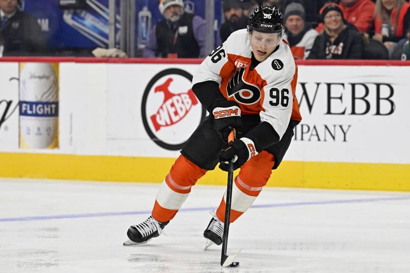 Dec 9, 2025; Philadelphia, Pennsylvania, USA;  Philadelphia Flyers defenseman Ty Murchison (96) against the San Jose Sharks during the first period at Xfinity Mobile Arena. Mandatory Credit: Eric Hartline-Imagn Images