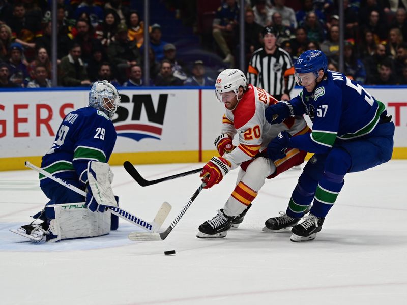 Mar 23, 2024; Vancouver, British Columbia, CAN; Vancouver Canucks defenseman Tyler Myers (57) checks Calgary Flames forward Blake Coleman (20) during the second period at Rogers Arena. Mandatory Credit: Simon Fearn-USA TODAY Sports