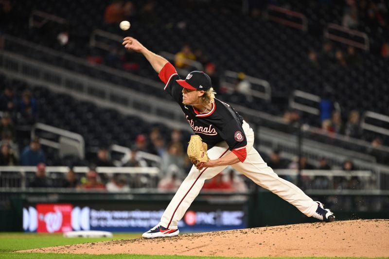 Apr 3, 2024; Washington, District of Columbia, USA; Washington Nationals relief pitcher Jordan Weems (51) pitches against the Pittsburgh Pirates during the sixth inning at Nationals Park. Mandatory Credit: Rafael Suanes-USA TODAY Sports