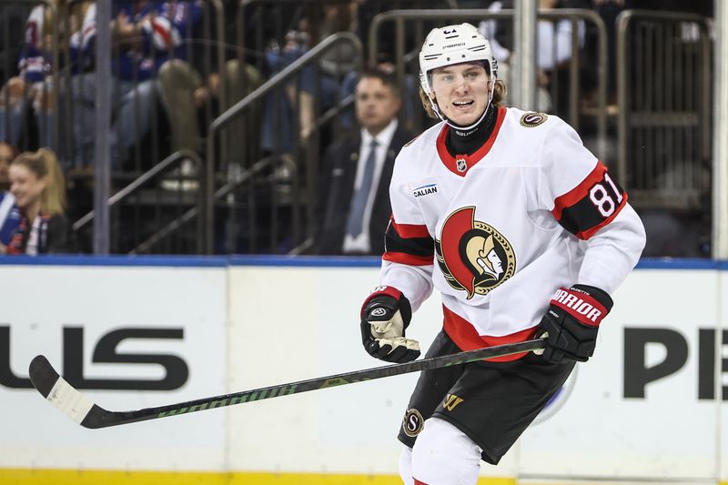 Nov 1, 2024; New York, New York, USA;  Ottawa Senators right wing Adam Gaudette (81) reacts after scoring a goal in the third period against the New York Rangers at Madison Square Garden. Mandatory Credit: Wendell Cruz-Imagn Images