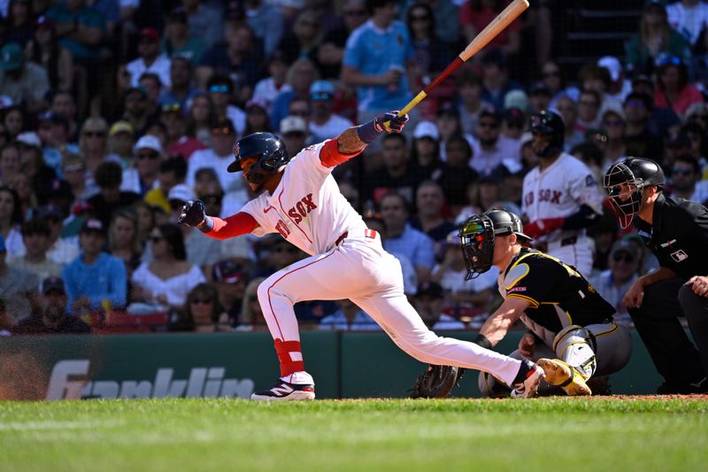 Aug 31, 2025; Boston, Massachusetts, USA; Boston Red Sox center fielder Ceddanne Rafaela (3) hits a one run RBI single during the sixth inning against the Pittsburgh Pirates at Fenway Park. Mandatory Credit: Eric Canha-Imagn Images
