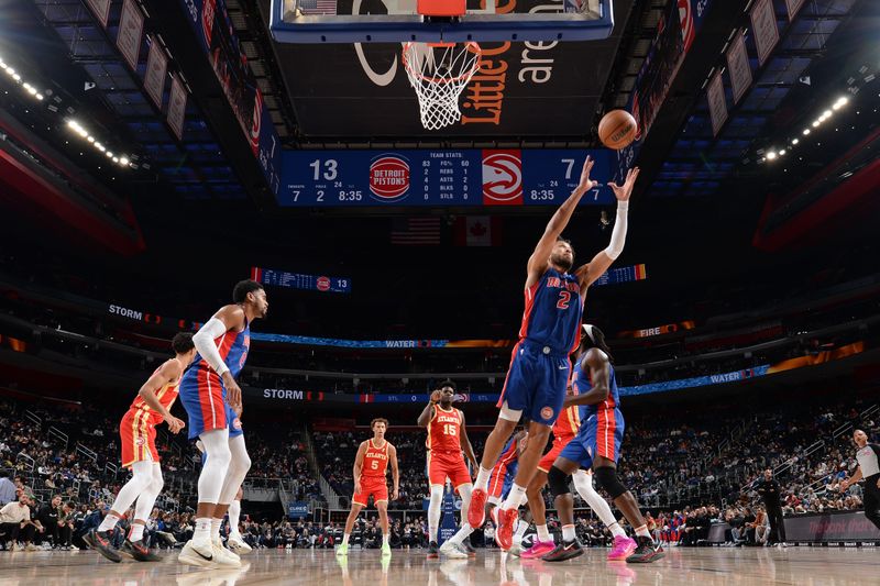 DETROIT, MI - NOVEMBER 8: Tim Hardaway Jr. #8 of the Detroit Pistons goes up for the rebound during the game against the Atlanta Hawks on November  8, 2024 at Little Caesars Arena in Detroit, Michigan. NOTE TO USER: User expressly acknowledges and agrees that, by downloading and/or using this photograph, User is consenting to the terms and conditions of the Getty Images License Agreement. Mandatory Copyright Notice: Copyright 2024 NBAE (Photo by Chris Schwegler/NBAE via Getty Images)