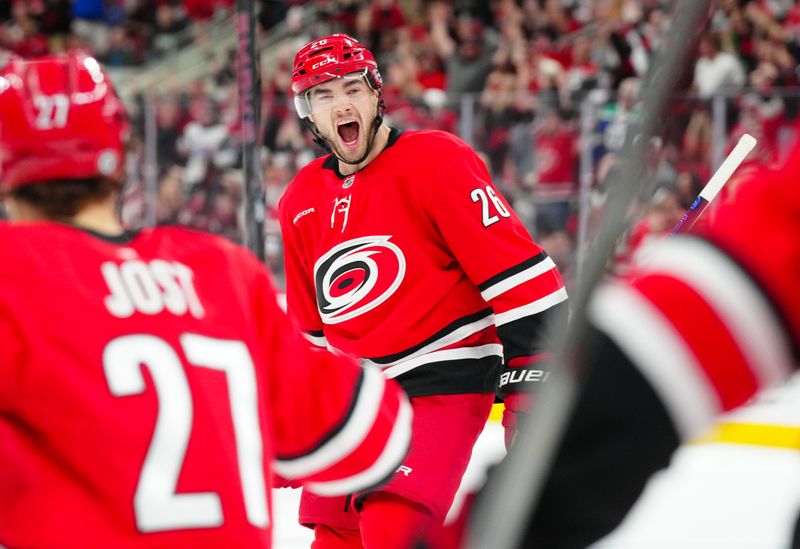 Apr 2, 2025; Raleigh, North Carolina, USA;  Carolina Hurricanes defenseman Sean Walker (26) celebrates a goal against the Washington Capitals during the first period at Lenovo Center. Mandatory Credit: James Guillory-Imagn Images