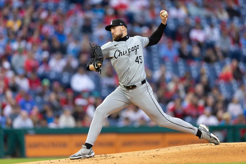 Apr 19, 2024; Philadelphia, Pennsylvania, USA; Chicago White Sox pitcher Garrett Crochet (45) throws a pitch during the first inning against the Philadelphia Phillies at Citizens Bank Park. Mandatory Credit: Bill Streicher-USA TODAY Sports