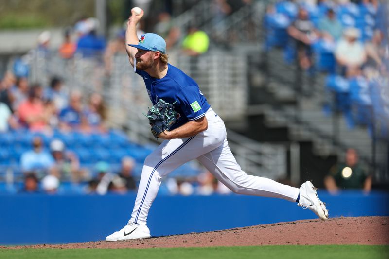 Mar 8, 2026; Dunedin, Florida, USA; Toronto Blue Jays pitcher Spencer Miles (62) throws a pitch against the Detroit Tigers in the eighth inning during spring training at TD Ballpark. Mandatory Credit: Nathan Ray Seebeck-Imagn Images