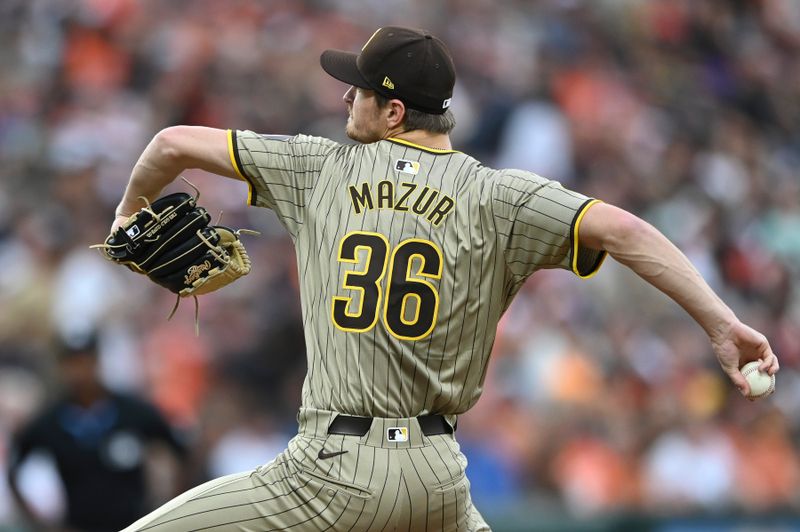 Jul 26, 2024; Baltimore, Maryland, USA;  San Diego Padres pitcher Adam Mazur (36) throws a first inning pitch against the Baltimore Orioles at Oriole Park at Camden Yards. Mandatory Credit: Tommy Gilligan-USA TODAY Sports