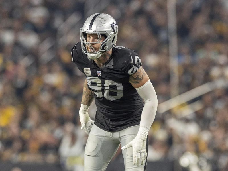 Las Vegas Raiders defensive end Maxx Crosby (98) against the Pittsburgh Steelers in an NFL football game, Sunday, Sept. 24, 2023, in Las Vegas, NV. Steelers won 23-18. (AP Photo/Jeff Lewis)