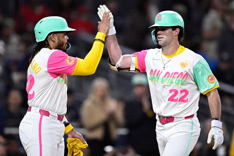 Apr 26, 2024; San Diego, California, USA; San Diego Padres designated hitter Graham Pauley (22) is congratulated by catcher Luis Campusano (12) after hitting a two-run home run against the Philadelphia Phillies during the seventh inning at Petco Park. Mandatory Credit: Orlando Ramirez-USA TODAY Sports