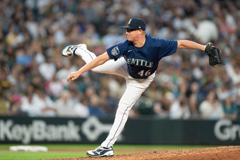 Aug 9, 2023; Seattle, Washington, USA; Seattle Mariners reliever Trent Thornton (46) delivers a pitch during the seventh inning against the San Diego Padres at T-Mobile Park. Mandatory Credit: Stephen Brashear-USA TODAY Sports