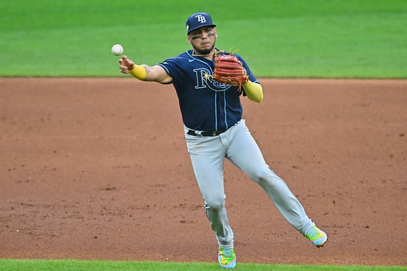 Sep 2, 2023; Cleveland, Ohio, USA; Tampa Bay Rays third baseman Isaac Paredes (17) throws to first base against the Cleveland Guardians in the second inning at Progressive Field. Mandatory Credit: David Richard-USA TODAY Sports