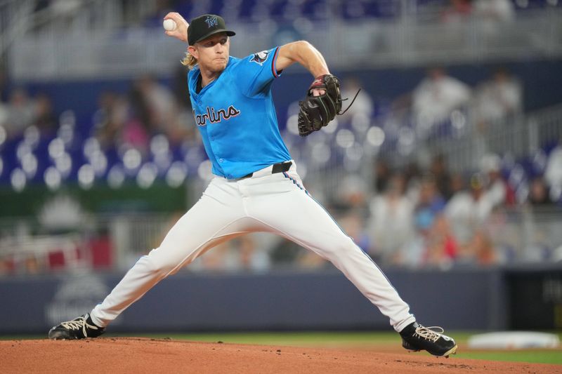 Sep 22, 2024; Miami, Florida, USA;  Miami Marlins starting pitcher Jesus Tinoco (38) pitches in the first inning against the Atlanta Braves at loanDepot Park. Mandatory Credit: Jim Rassol-Imagn Images