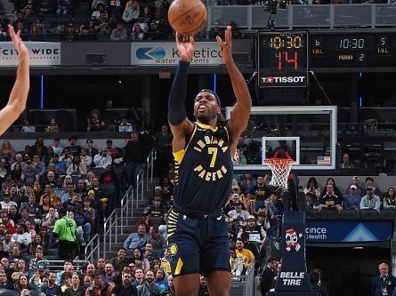 INDIANAPOLIS, IN - NOVEMBER 6: Buddy Heild #7 of the Indiana Pacers shoots a three point basket during the game against the San Antonio Spurs on November 6, 2023 at Gainbridge Fieldhouse in Indianapolis, Indiana. NOTE TO USER: User expressly acknowledges and agrees that, by downloading and or using this Photograph, user is consenting to the terms and conditions of the Getty Images License Agreement. Mandatory Copyright Notice: Copyright 2023 NBAE (Photo by Ron Hoskins/NBAE via Getty Images)