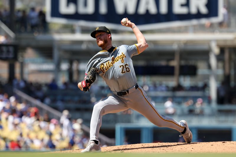 Aug 11, 2024; Los Angeles, California, USA;  Pittsburgh Pirates starting pitcher Bailey Falter (26) throws during the fifth inning against the Los Angeles Dodgers at Dodger Stadium. Mandatory Credit: Kiyoshi Mio-USA TODAY Sports