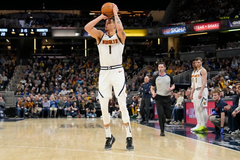 INDIANAPOLIS, IN - JANUARY 23: Michael Porter Jr. #1 of the Denver Nuggets shoots the ball during the game against the Indiana Pacers on January 23, 2024 at Gainbridge Fieldhouse in Indianapolis, Indiana. NOTE TO USER: User expressly acknowledges and agrees that, by downloading and or using this Photograph, user is consenting to the terms and conditions of the Getty Images License Agreement. Mandatory Copyright Notice: Copyright 2024 NBAE (Photo by AJ Mast/NBAE via Getty Images)