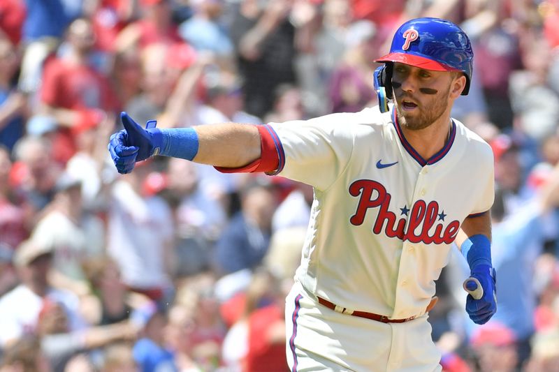 Apr 23, 2023; Philadelphia, Pennsylvania, USA; Philadelphia Phillies first baseman Kody Clemens (23) watches his home run against the Colorado Rockies during the third inning at Citizens Bank Park. Mandatory Credit: Eric Hartline-USA TODAY Sports