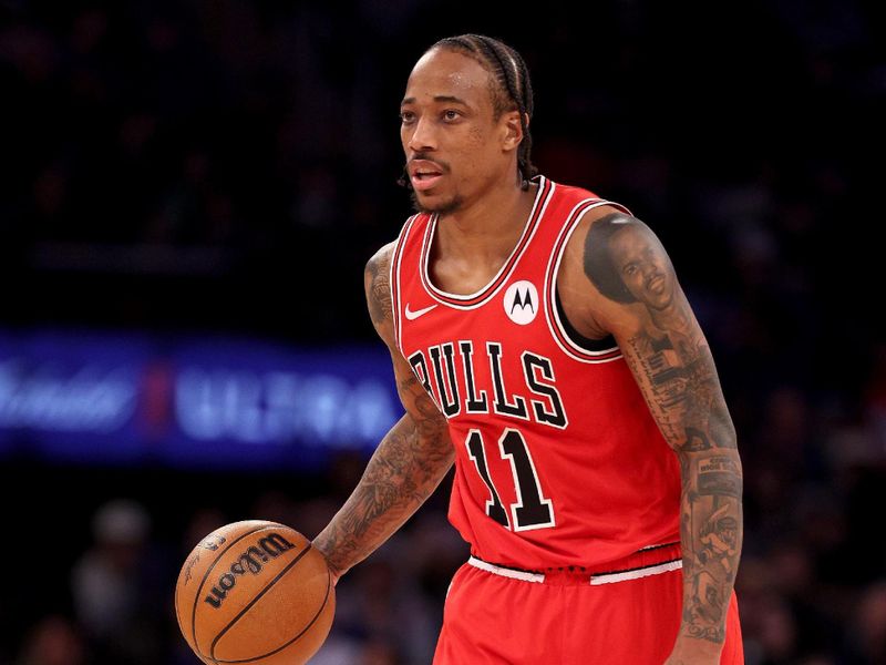 NEW YORK, NEW YORK - APRIL 14:  DeMar DeRozan #11 of the Chicago Bulls takes the ball during the second half against the New York Knicks at Madison Square Garden on April 14, 2024 in New York City. The New York Knicks defeated the Chicago Bulls 120-119 in OT. NOTE TO USER: User expressly acknowledges and agrees that, by downloading and or using this photograph, User is consenting to the terms and conditions of the Getty Images License Agreement. (Photo by Elsa/Getty Images)