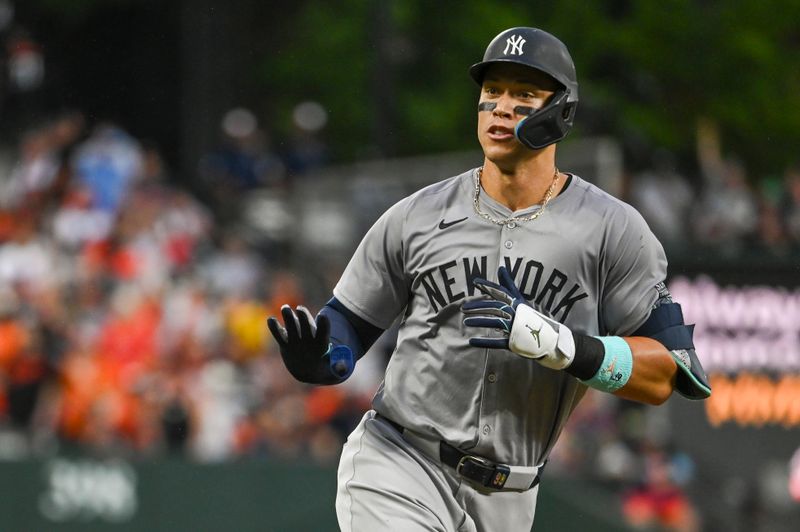 Jul 12, 2024; Baltimore, Maryland, USA; New York Yankees outfielder Aaron Judge (99) rounds third base after hitting a second inning home run against the Baltimore Orioles  at Oriole Park at Camden Yards. Mandatory Credit: Tommy Gilligan-USA TODAY Sports