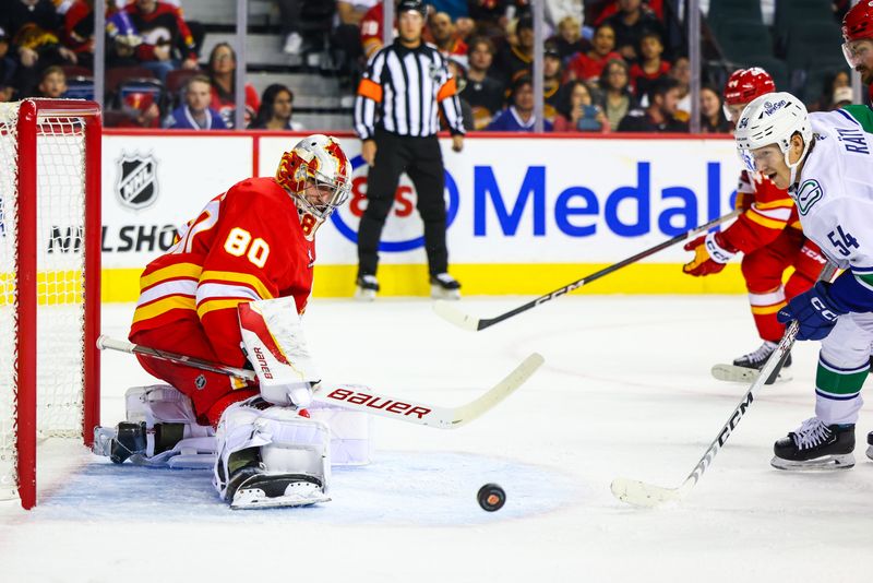 Sep 28, 2024; Calgary, Alberta, CAN; Calgary Flames goaltender Dan Vladar (80) makes a save against the Vancouver Canucks during the first period at Scotiabank Saddledome. Mandatory Credit: Sergei Belski-Imagn Images