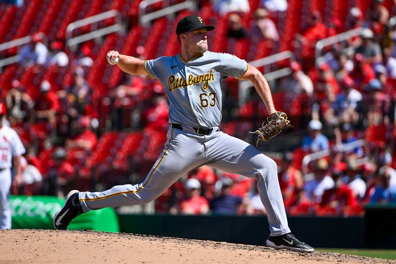 Jun 13, 2024; St. Louis, Missouri, USA;  Pittsburgh Pirates relief pitcher Hunter Stratton (63) pitches against the St. Louis Cardinals during the eighth inning at Busch Stadium. Mandatory Credit: Jeff Curry-USA TODAY Sports