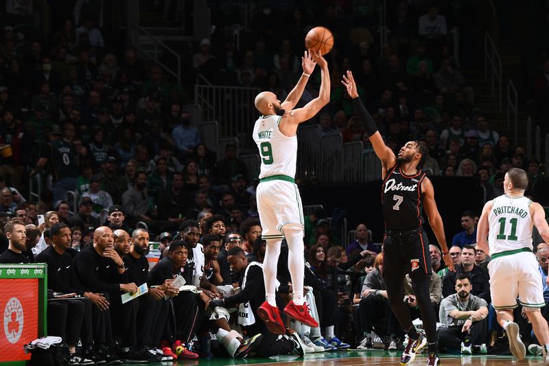 BOSTON, MA - MARCH 18: Derrick White #9 of the Boston Celtics shoots the ball during the game against the Detroit Pistons on March 18, 2024 at the TD Garden in Boston, Massachusetts. NOTE TO USER: User expressly acknowledges and agrees that, by downloading and or using this photograph, User is consenting to the terms and conditions of the Getty Images License Agreement. Mandatory Copyright Notice: Copyright 2024 NBAE  (Photo by Brian Babineau/NBAE via Getty Images)