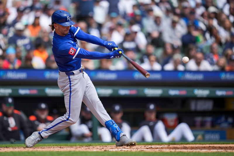 Apr 20, 2025; Detroit, Michigan, USA; Kansas City Royals outfielder Drew Waters (8) hits an RBI single against the Detroit Tigers in the second inning at Comerica Park. Mandatory Credit: Aaron Doster-Imagn Images