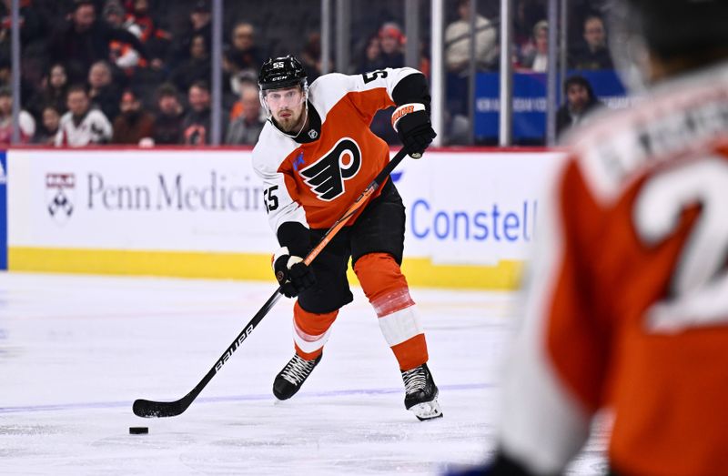 Dec 14, 2023; Philadelphia, Pennsylvania, USA; Philadelphia Flyers defenseman Rasmus Ristolainen (55) passes the puck against the Washington Capitals in the first period at Wells Fargo Center. Mandatory Credit: Kyle Ross-USA TODAY Sports