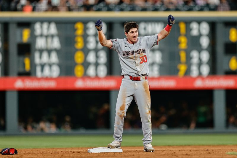 Jun 21, 2024; Denver, Colorado, USA; Washington Nationals center fielder Jacob Young (30) reacts from second on a double in the sixth inning against the Colorado Rockies at Coors Field. Mandatory Credit: Isaiah J. Downing-USA TODAY Sports