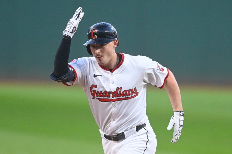 Sep 10, 2025; Cleveland, Ohio, USA; Cleveland Guardians first baseman Kyle Manzardo (9) celebrates his two-run home run in the first inning against the Kansas City Royals at Progressive Field. Mandatory Credit: David Richard-Imagn Images