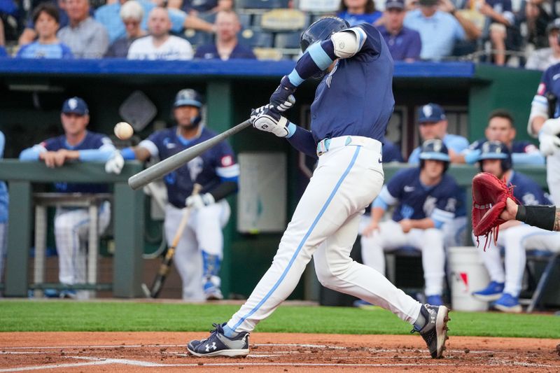 Jul 19, 2024; Kansas City, Missouri, USA; Kansas City Royals shortstop Bobby Witt Jr. (7) hits a solo home run agasint the Chicago White Sox in the first inning at Kauffman Stadium. Mandatory Credit: Denny Medley-USA TODAY Sports