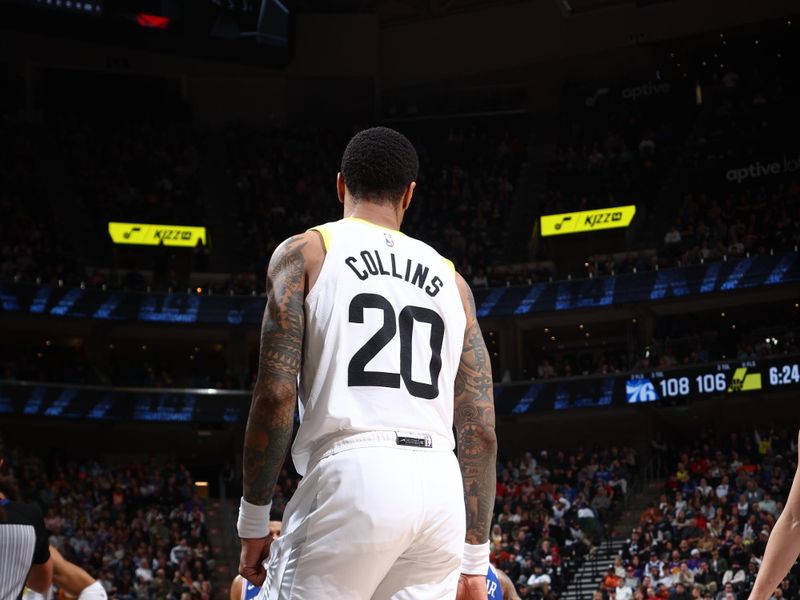 SALT LAKE CITY, UT - FEBRUARY 1: John Collins #20 of the Utah Jazz looks on during the game against the Philadelphia 76ers on February 1, 2024 at Delta Center in Salt Lake City, Utah. NOTE TO USER: User expressly acknowledges and agrees that, by downloading and or using this Photograph, User is consenting to the terms and conditions of the Getty Images License Agreement. Mandatory Copyright Notice: Copyright 2024 NBAE (Photo by Melissa Majchrzak/NBAE via Getty Images)